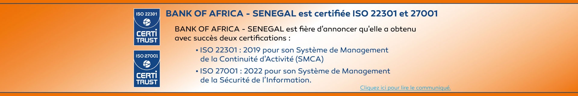 Bank Of Africa Sénégal certifiée ISO 22301 et 27001